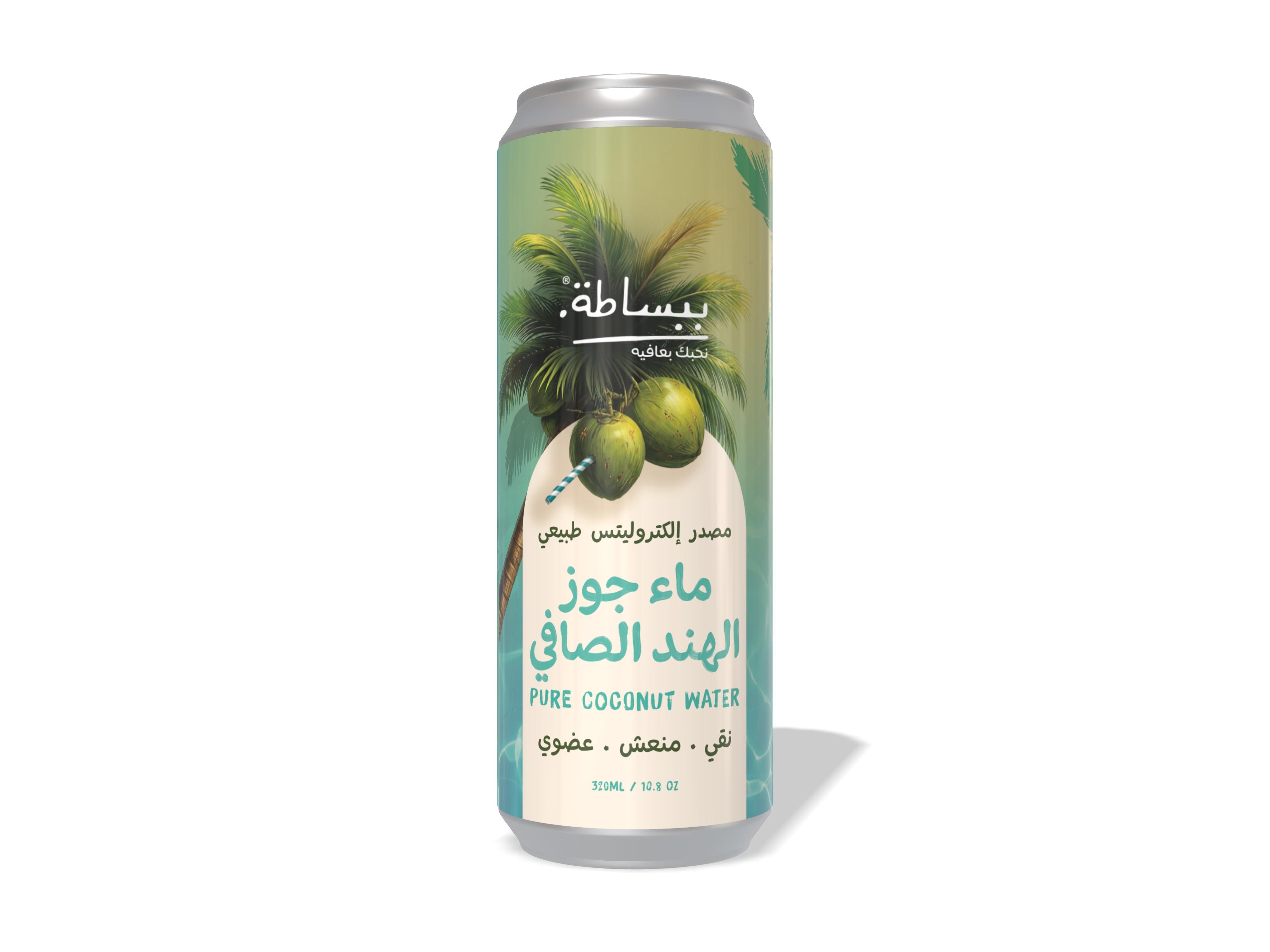 Can of coconut water with Arabic text on a white background